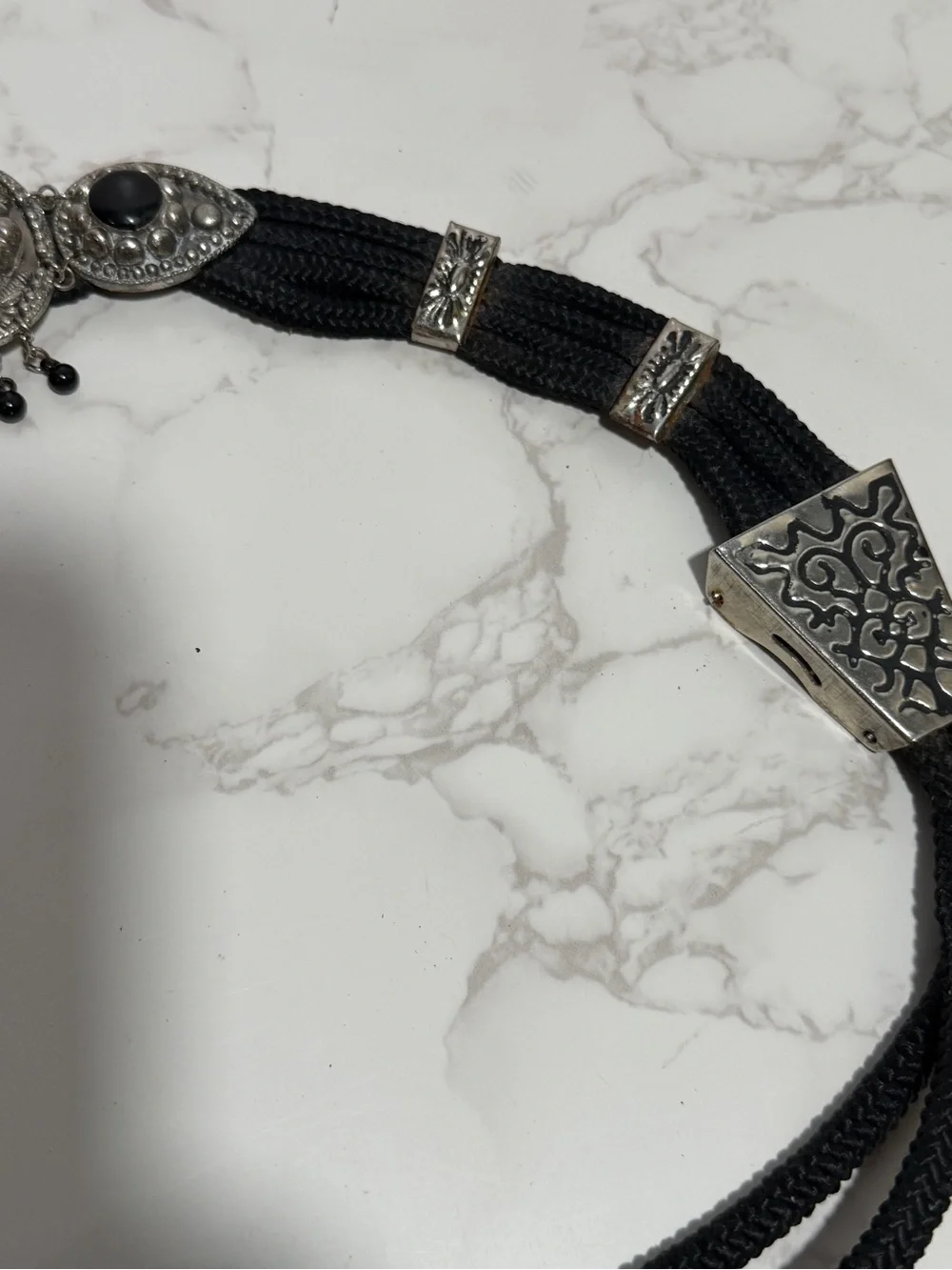 Vintage Boho/Western Black Cord‎ and Silver-Tone Decorative Belt